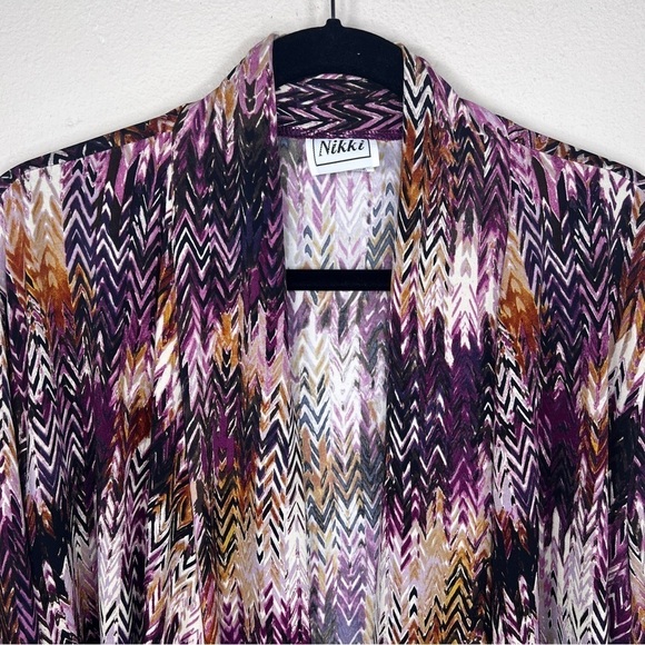 XL VINTAGE NIKKI SHRUG BLOUSE TOP PURPLE BEIGE WHITE LONG SLEEVE OPEN FRONT - Picture 7 of 10
